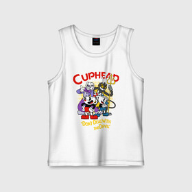 Детская майка хлопок с принтом Cuphead, главные герои в городе Новоалтайск,  |  | cuphead | devil | king dice | mugman | боссы | главные герои | дьявал | игра | капхед | кинг дайс | магмен | персонажи игры
