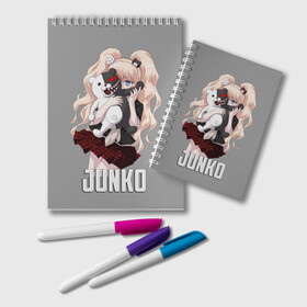 Блокнот с принтом MONOKUMA  JUNKO в городе Новоалтайск, 100% бумага | 48 листов, плотность листов — 60 г/м2, плотность картонной обложки — 250 г/м2. Листы скреплены удобной пружинной спиралью. Цвет линий — светло-серый
 | anime | danganronpa | enoshima | junko | monokuma | аниме | джунко | игра | манга | медведь | монокума | робот медведь | эношима