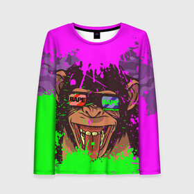 Женский лонгслив 3D с принтом 3D Neon Monkey в городе Новоалтайск, 100% полиэстер | длинные рукава, круглый вырез горловины, полуприлегающий силуэт | 3d очки | bapy | brand | chimp | cool paint | fashion | hype beast | japan | neon | paint | trend | анаглиф | байп | байпи | брызги красок | бэйп | бэйпи | камуфляж | купающаяся обезьяна | мода | неон | тренд | хайп бист | хайповый бренд | ш