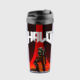 Термокружка-непроливайка с принтом HALO x DOOM в городе Новоалтайск, внутренняя часть — пищевой пластик, наружная часть — прозрачный пластик, между ними — полиграфическая вставка с рисунком | объем — 350 мл, герметичная крышка | Тематика изображения на принте: doom | game | games | halo | heilo | master chif | spartan | дум | игра | игры | ковенант | ковенанты | мастер чиф | спартанец | хало | хейло | хэйло