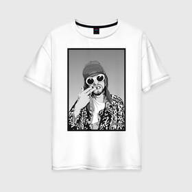 Женская футболка хлопок Oversize с принтом Курт Кобейн Nirvana ЧБ в городе Новоалтайск, 100% хлопок | свободный крой, круглый ворот, спущенный рукав, длина до линии бедер
 | Тематика изображения на принте: album | curt | kobain | music | nevermind | nirvana | rock | smells like | teen spirit | альбом | гитара | курт кобейн | музыка | невермайнд | нирвана | рок