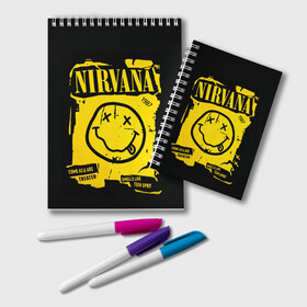 Блокнот с принтом Nirvana 1987 в городе Новоалтайск, 100% бумага | 48 листов, плотность листов — 60 г/м2, плотность картонной обложки — 250 г/м2. Листы скреплены удобной пружинной спиралью. Цвет линий — светло-серый
 | Тематика изображения на принте: album | curt | kobain | logo | music | nevermind | nirvana | rock | smells like | smile | teen spirit | альбом | гитара | курт кобейн | логотип | музыка | невермайнд | нирвана | рок | смайл | стикер