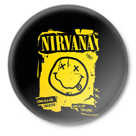 Значок с принтом Nirvana 1987 в городе Новоалтайск,  металл | круглая форма, металлическая застежка в виде булавки | Тематика изображения на принте: album | curt | kobain | logo | music | nevermind | nirvana | rock | smells like | smile | teen spirit | альбом | гитара | курт кобейн | логотип | музыка | невермайнд | нирвана | рок | смайл | стикер