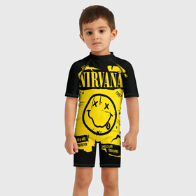 Детский купальный костюм 3D с принтом Nirvana 1987 в городе Новоалтайск, Полиэстер 85%, Спандекс 15% | застежка на молнии на спине | album | curt | kobain | logo | music | nevermind | nirvana | rock | smells like | smile | teen spirit | альбом | гитара | курт кобейн | логотип | музыка | невермайнд | нирвана | рок | смайл | стикер