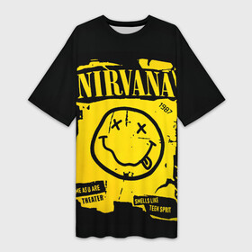 Платье-футболка 3D с принтом Nirvana 1987 в городе Новоалтайск,  |  | Тематика изображения на принте: album | curt | kobain | logo | music | nevermind | nirvana | rock | smells like | smile | teen spirit | альбом | гитара | курт кобейн | логотип | музыка | невермайнд | нирвана | рок | смайл | стикер