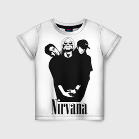 Детская футболка 3D с принтом Nirvana Группа в городе Новоалтайск, 100% гипоаллергенный полиэфир | прямой крой, круглый вырез горловины, длина до линии бедер, чуть спущенное плечо, ткань немного тянется | Тематика изображения на принте: album | curt | kobain | music | nevermind | nirvana | rock | smells like | teen spirit | альбом | гитара | курт кобейн | музыка | невермайнд | нирвана | рок
