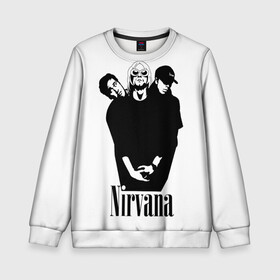 Детский свитшот 3D с принтом Nirvana Группа в городе Новоалтайск, 100% полиэстер | свободная посадка, прямой крой, мягкая тканевая резинка на рукавах и понизу свитшота | Тематика изображения на принте: album | curt | kobain | music | nevermind | nirvana | rock | smells like | teen spirit | альбом | гитара | курт кобейн | музыка | невермайнд | нирвана | рок
