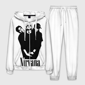 Мужской костюм 3D с принтом Nirvana Группа в городе Новоалтайск, 100% полиэстер | Манжеты и пояс оформлены тканевой резинкой, двухслойный капюшон со шнурком для регулировки, карманы спереди | Тематика изображения на принте: album | curt | kobain | music | nevermind | nirvana | rock | smells like | teen spirit | альбом | гитара | курт кобейн | музыка | невермайнд | нирвана | рок