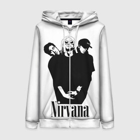 Женская толстовка 3D на молнии с принтом Nirvana Группа в городе Новоалтайск, 100% полиэстер | длина до линии бедра, манжеты и пояс оформлены мягкой тканевой резинкой, двухслойный капюшон со шнурком для регулировки, спереди молния, по бокам два кармана | album | curt | kobain | music | nevermind | nirvana | rock | smells like | teen spirit | альбом | гитара | курт кобейн | музыка | невермайнд | нирвана | рок