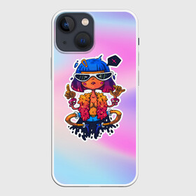 Чехол для iPhone 13 mini с принтом Модная чика в медитации в городе Новоалтайск,  |  | Тематика изображения на принте: боа | градиент | девушка | медитация | очки | шаман