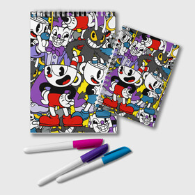 Блокнот с принтом Cuphead (главные герои) в городе Новоалтайск, 100% бумага | 48 листов, плотность листов — 60 г/м2, плотность картонной обложки — 250 г/м2. Листы скреплены удобной пружинной спиралью. Цвет линий — светло-серый
 | Тематика изображения на принте: cuphead | devil | king dice | mugman | боссы | главные герои | дьявол | игра | капхед | кинг дайс | магмен | персонажи игры | узор