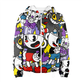 Женская куртка 3D с принтом Cuphead (главные герои) в городе Новоалтайск, ткань верха — 100% полиэстер, подклад — флис | прямой крой, подол и капюшон оформлены резинкой с фиксаторами, два кармана без застежек по бокам, один большой потайной карман на груди. Карман на груди застегивается на липучку | cuphead | devil | king dice | mugman | боссы | главные герои | дьявол | игра | капхед | кинг дайс | магмен | персонажи игры | узор
