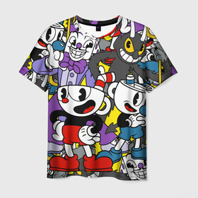 Мужская футболка 3D с принтом Cuphead (главные герои) в городе Новоалтайск, 100% полиэфир | прямой крой, круглый вырез горловины, длина до линии бедер | cuphead | devil | king dice | mugman | боссы | главные герои | дьявол | игра | капхед | кинг дайс | магмен | персонажи игры | узор