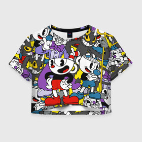 Женская футболка Crop-top 3D с принтом Cuphead (главные герои) в городе Новоалтайск, 100% полиэстер | круглая горловина, длина футболки до линии талии, рукава с отворотами | cuphead | devil | king dice | mugman | боссы | главные герои | дьявол | игра | капхед | кинг дайс | магмен | персонажи игры | узор