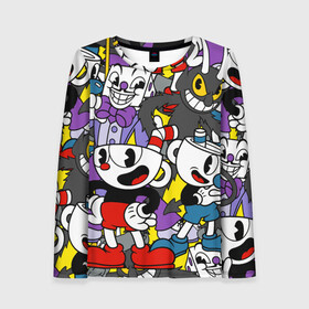 Женский лонгслив 3D с принтом Cuphead (главные герои) в городе Новоалтайск, 100% полиэстер | длинные рукава, круглый вырез горловины, полуприлегающий силуэт | cuphead | devil | king dice | mugman | боссы | главные герои | дьявол | игра | капхед | кинг дайс | магмен | персонажи игры | узор
