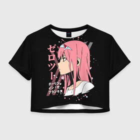 Женская футболка Crop-top 3D с принтом Darling in the Franxx Zero Two в городе Новоалтайск, 100% полиэстер | круглая горловина, длина футболки до линии талии, рукава с отворотами | 02 | anime girl | darling in the franxx | zero two | аниме | дарлинг во франксе | девушка с розовыми волосами | манга | милый во франксе | ноль два | розовые волосы | тян
