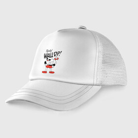 Детская кепка тракер с принтом Cuphead: Ready? Wallop! в городе Новоалтайск, Козырек - 100% хлопок. Кепка - 100% полиэстер, Задняя часть - сетка | универсальный размер, пластиковая застёжка | cuphead | cuphead and mugman | mugman | ready | wallop | игры | капхед | чашеголовый
