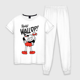 Женская пижама хлопок с принтом Cuphead: Ready? Wallop! в городе Новоалтайск, 100% хлопок | брюки и футболка прямого кроя, без карманов, на брюках мягкая резинка на поясе и по низу штанин | cuphead | cuphead and mugman | mugman | ready | wallop | игры | капхед | чашеголовый