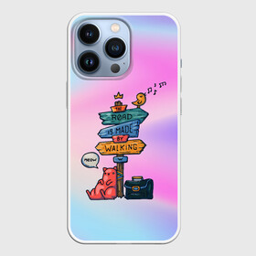 Чехол для iPhone 13 Pro с принтом Кот путешественник в городе Новоалтайск,  |  | Тематика изображения на принте: градиент | кот | портфель | птичка | путешественник | турист