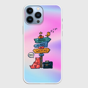 Чехол для iPhone 13 Pro Max с принтом Кот путешественник в городе Новоалтайск,  |  | Тематика изображения на принте: градиент | кот | портфель | птичка | путешественник | турист