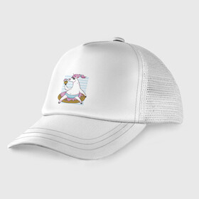 Детская кепка тракер с принтом Chilling Unicorn в городе Новоалтайск, Козырек - 100% хлопок. Кепка - 100% полиэстер, Задняя часть - сетка | универсальный размер, пластиковая застёжка | art | cocktail | donut | drawing | unicorn | арт | единорог | коктейль | пончик | рисунок