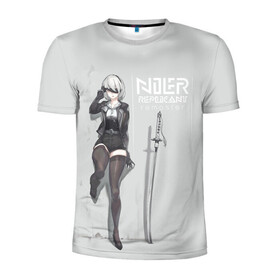 Мужская футболка 3D спортивная с принтом NIER REPLICANT REMASTER в городе Новоалтайск, 100% полиэстер с улучшенными характеристиками | приталенный силуэт, круглая горловина, широкие плечи, сужается к линии бедра | 2b | reincarnation | девушка | лого | надпись | ниер | персонаж