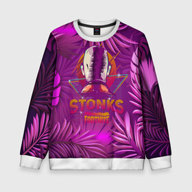 Детский свитшот 3D с принтом Fortnite Neon Stonks Meme в городе Новоалтайск, 100% полиэстер | свободная посадка, прямой крой, мягкая тканевая резинка на рукавах и понизу свитшота | 1 апреля | bald | businessman | game | gamer | meme man | retrowave | stocks | stonks skin | бизнесмем | бизнесмен | закат | игра | инвестируй | лысый | мем | неон | неоновая графика | неоновые джунгли | покупай | продавай | ретровейв