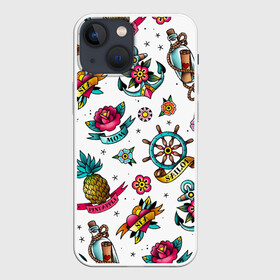 Чехол для iPhone 13 mini с принтом Old school Sailor в городе Новоалтайск,  |  | Тематика изображения на принте: mom | old | old school sailor | pineapple | sailor | school | sea | ананас | бутылка | записка | карта | корабль | мама | моряк | моряк старой школы | набор | орнамент | путешествие | роза | розы | сердце | старая школа
