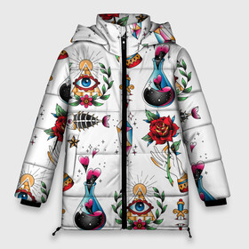 Женская зимняя куртка Oversize с принтом Old school tattoo в городе Новоалтайск, верх — 100% полиэстер; подкладка — 100% полиэстер; утеплитель — 100% полиэстер | длина ниже бедра, силуэт Оверсайз. Есть воротник-стойка, отстегивающийся капюшон и ветрозащитная планка. 

Боковые карманы с листочкой на кнопках и внутренний карман на молнии | old school | old school tattoo | tattoo | алмаз | бриллиант | глаза | закат | звезды | кинжал | кисть | любовь | нож | пирамиды | роза | романтика | рука | рыба | сердце | скелет | солнце | старая школа | татуировка | цветы