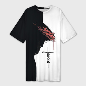 Платье-футболка 3D с принтом Смирение в городе Новоалтайск,  |  | black | jesus | white | венец | вера | краная ветвь | мир | покой | спокойствие | терновый венец | чб | черное белое