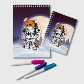 Блокнот с принтом Catronaut в городе Новоалтайск, 100% бумага | 48 листов, плотность листов — 60 г/м2, плотность картонной обложки — 250 г/м2. Листы скреплены удобной пружинной спиралью. Цвет линий — светло-серый
 | Тематика изображения на принте: moon | арт | день космонавтики | звезды | космонавт | космос | лого | луна | небо | планеты
