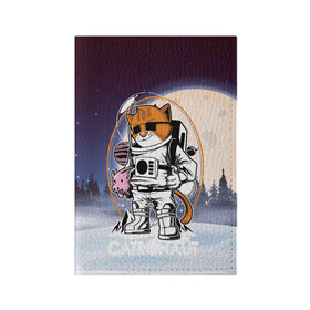 Обложка для паспорта матовая кожа с принтом Catronaut в городе Новоалтайск, натуральная матовая кожа | размер 19,3 х 13,7 см; прозрачные пластиковые крепления | Тематика изображения на принте: moon | арт | день космонавтики | звезды | космонавт | космос | лого | луна | небо | планеты
