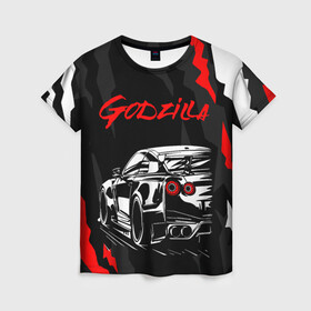 Женская футболка 3D с принтом NISSAN GT-R / GODZILLA в городе Новоалтайск, 100% полиэфир ( синтетическое хлопкоподобное полотно) | прямой крой, круглый вырез горловины, длина до линии бедер | auto | car | godzilla | gtr | nissan | nissan skyline | sport | авто | гетер | годзилла | гтр. | нисан | ниссан | ноут | скайлайн | спорт | царапины