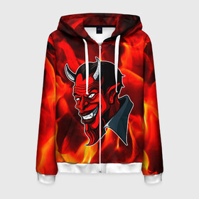 Мужская толстовка 3D на молнии с принтом The devil is on fire в городе Новоалтайск, 100% полиэстер | длина до линии бедра, манжеты и пояс оформлены мягкой тканевой резинкой, двухслойный капюшон со шнурком для регулировки, спереди молния, по бокам два кармана | 666 | fire | lucifer | демон | дьявол | люцифер | монстр | огонь | пламя | сатана | текстура