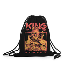 Рюкзак-мешок 3D с принтом KING Street в городе Новоалтайск, 100% полиэстер | плотность ткани — 200 г/м2, размер — 35 х 45 см; лямки — толстые шнурки, застежка на шнуровке, без карманов и подкладки | animal | brutal | king | megane | of | street | the | горила | животное | зверь | король | обезьяна | реп | улиц | хипстер