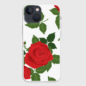 Чехол для iPhone 13 mini с принтом Большие розы в городе Новоалтайск,  |  | арт | белый | большие бутоны | большие розы | большой бутон | зелёный | красная роза | красные розы | красные цветы | красный | красный цветок | листок | листья | поле | поле цветов | рисунок | роза