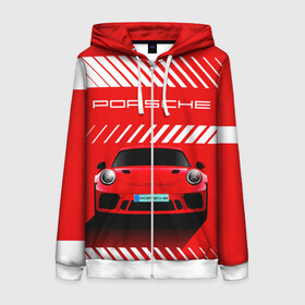 Женская толстовка 3D на молнии с принтом PORSCHE / ПОРШЕ / RED STYLE в городе Новоалтайск, 100% полиэстер | длина до линии бедра, манжеты и пояс оформлены мягкой тканевой резинкой, двухслойный капюшон со шнурком для регулировки, спереди молния, по бокам два кармана | 911 | auto | carrera | cayenne | macan | porsche | sportcar | taycan | автомобиль | градиент. | каен | карера | красный | макан | полосы | порш | порше | спорт | спорткар | тайкан