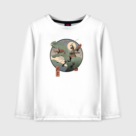 Детский лонгслив хлопок с принтом Самурай на тирексе в городе Новоалтайск, 100% хлопок | круглый вырез горловины, полуприлегающий силуэт, длина до линии бедер | самурай аниме динозавр  тирекстиронозавр китай япония мечь  война