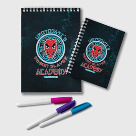 Блокнот с принтом Demon Slayer ACADEMY в городе Новоалтайск, 100% бумага | 48 листов, плотность листов — 60 г/м2, плотность картонной обложки — 250 г/м2. Листы скреплены удобной пружинной спиралью. Цвет линий — светло-серый
 | Тематика изображения на принте: demon slayer | kamado | kimetsu no yaiba | nezuko | tanjiro | аниме | гию томиока | зеницу агацума | иноске хашибира | камадо | клинок | корзинная девочка | манга | музан кибуцуджи | незуко | рассекающий демонов | танджиро