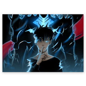 Поздравительная открытка с принтом Solo leveling Manga в городе Новоалтайск, 100% бумага | плотность бумаги 280 г/м2, матовая, на обратной стороне линовка и место для марки
 | Тематика изображения на принте: anime | manga | solo leveling | аниме | манга | поднятие уровня в одиночку | улыбка | хэллоуин