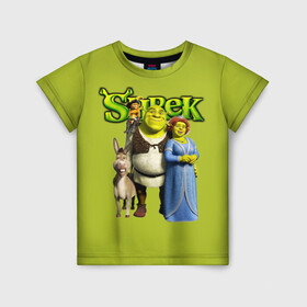 Детская футболка 3D с принтом Шрек Shrek в городе Новоалтайск, 100% гипоаллергенный полиэфир | прямой крой, круглый вырез горловины, длина до линии бедер, чуть спущенное плечо, ткань немного тянется | Тематика изображения на принте: cartoon | fiona | shrek | болото | детям | комедия | кот в сапогах | мультик | огр | осел | персонажи мультфильмов | тролль | фиона | шрек