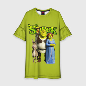 Детское платье 3D с принтом Шрек Shrek в городе Новоалтайск, 100% полиэстер | прямой силуэт, чуть расширенный к низу. Круглая горловина, на рукавах — воланы | Тематика изображения на принте: cartoon | fiona | shrek | болото | детям | комедия | кот в сапогах | мультик | огр | осел | персонажи мультфильмов | тролль | фиона | шрек