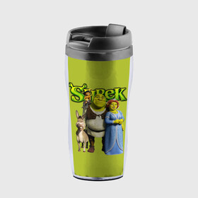 Термокружка-непроливайка с принтом Шрек Shrek в городе Новоалтайск, внутренняя часть — пищевой пластик, наружная часть — прозрачный пластик, между ними — полиграфическая вставка с рисунком | объем — 350 мл, герметичная крышка | cartoon | fiona | shrek | болото | детям | комедия | кот в сапогах | мультик | огр | осел | персонажи мультфильмов | тролль | фиона | шрек