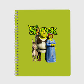 Тетрадь с принтом Шрек Shrek в городе Новоалтайск, 100% бумага | 48 листов, плотность листов — 60 г/м2, плотность картонной обложки — 250 г/м2. Листы скреплены сбоку удобной пружинной спиралью. Уголки страниц и обложки скругленные. Цвет линий — светло-серый
 | Тематика изображения на принте: cartoon | fiona | shrek | болото | детям | комедия | кот в сапогах | мультик | огр | осел | персонажи мультфильмов | тролль | фиона | шрек