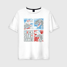 Женская футболка хлопок Oversize с принтом Rock Star Dino Динозавр геймер в городе Новоалтайск, 100% хлопок | свободный крой, круглый ворот, спущенный рукав, длина до линии бедер
 | dino | games | roar | rock | rock star | t rex | дино | динозавр | динозавры | рок | рокер