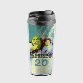 Термокружка-непроливайка с принтом Shrek в городе Новоалтайск, внутренняя часть — пищевой пластик, наружная часть — прозрачный пластик, между ними — полиграфическая вставка с рисунком | объем — 350 мл, герметичная крышка | Тематика изображения на принте: dreamworks | shrek | арт | лого | мультфильм | постер | шрек