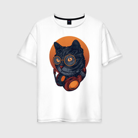 Женская футболка хлопок Oversize с принтом D.j Cat Кот диджей в городе Новоалтайск, 100% хлопок | свободный крой, круглый ворот, спущенный рукав, длина до линии бедер
 | Тематика изображения на принте: диджей | кот | кот диджей | котенок | котик | кошка | музыка | музыкант | наушники | техно | электроника