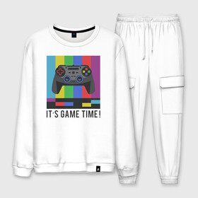 Мужской костюм хлопок с принтом ITS GAME TIME! ВРЕМЯ ИГРАТЬ в городе Новоалтайск, 100% хлопок | на свитшоте круглая горловина, мягкая резинка по низу. Брюки заужены к низу, на них два вида карманов: два “обычных” по бокам и два объемных, с клапанами, расположенные ниже линии бедра. Брюки с мягкой трикотажной резинкой на поясе и по низу штанин. В поясе для дополнительного комфорта — широкие завязки | game | gamer | играть | игрок | игроку | игрушка | игры | консоль | приставка