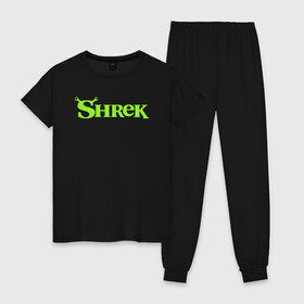 Женская пижама хлопок с принтом Shrek | Logo (Z) в городе Новоалтайск, 100% хлопок | брюки и футболка прямого кроя, без карманов, на брюках мягкая резинка на поясе и по низу штанин | Тематика изображения на принте: dreamworks | logo | shrek | зелёный огр | мульт | мультфильм | приключения