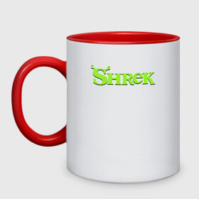 Кружка двухцветная с принтом Shrek | Logo (Z) в городе Новоалтайск, керамика | объем — 330 мл, диаметр — 80 мм. Цветная ручка и кайма сверху, в некоторых цветах — вся внутренняя часть | Тематика изображения на принте: dreamworks | logo | shrek | зелёный огр | мульт | мультфильм | приключения